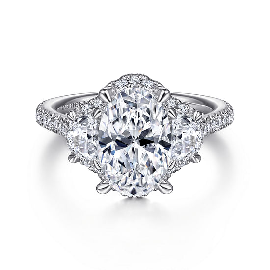 Gabriel - 18K White Gold Oval Three Stone Halo Diamond Engagement Ring