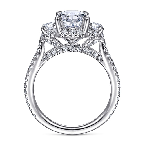 18K White Gold Oval Three Stone Halo Diamond Engagement Ring