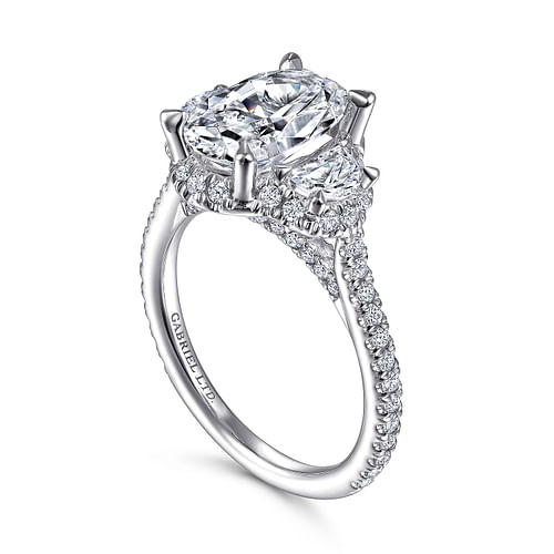 18K White Gold Oval Three Stone Halo Diamond Engagement Ring