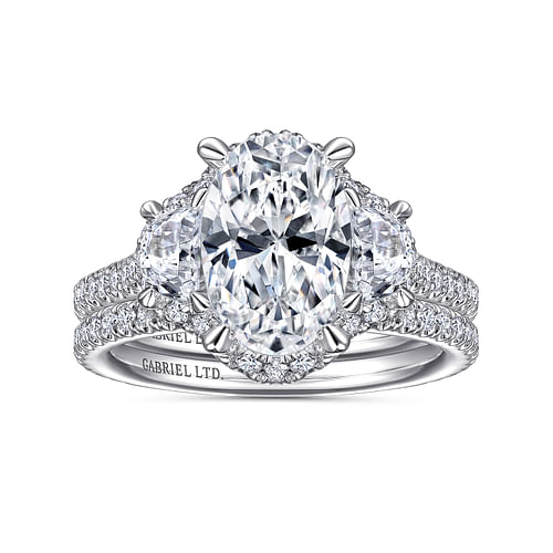 18K White Gold Oval Three Stone Halo Diamond Engagement Ring