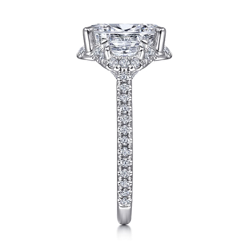 18K White Gold Oval Three Stone Halo Diamond Engagement Ring