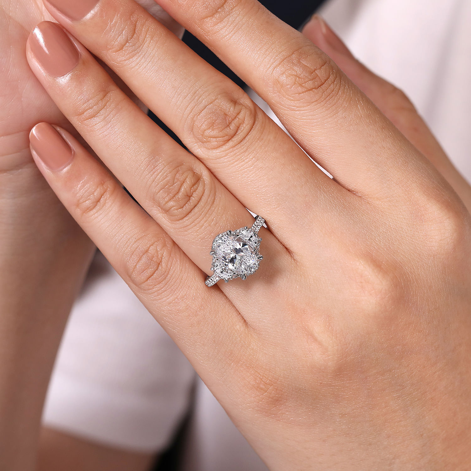 18K White Gold Oval Three Stone Halo Diamond Engagement Ring
