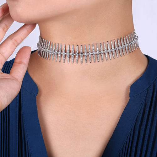 18K White Gold Pavé Diamond Spike Statement Necklace