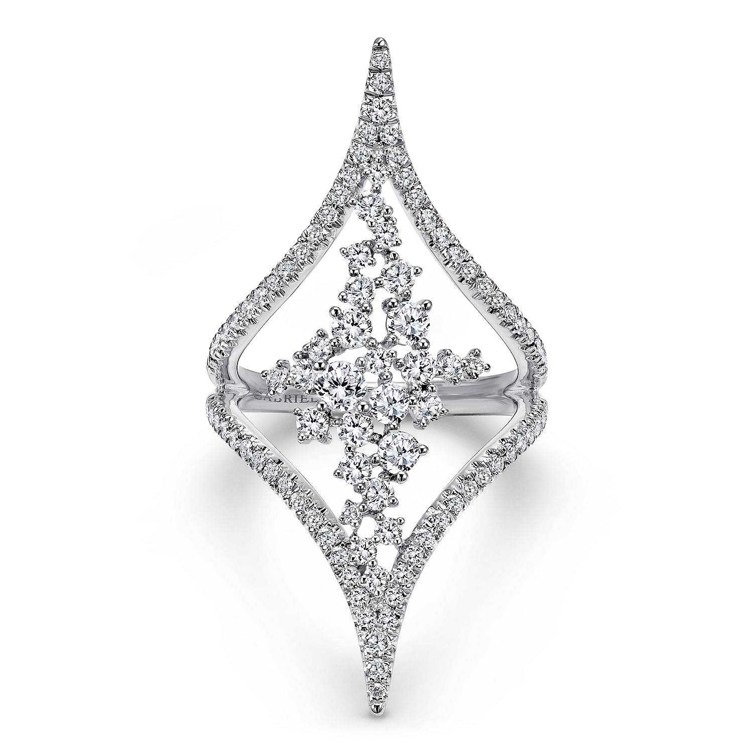 18K White Gold Pointed Ends Ring with Diamond Cluster Center