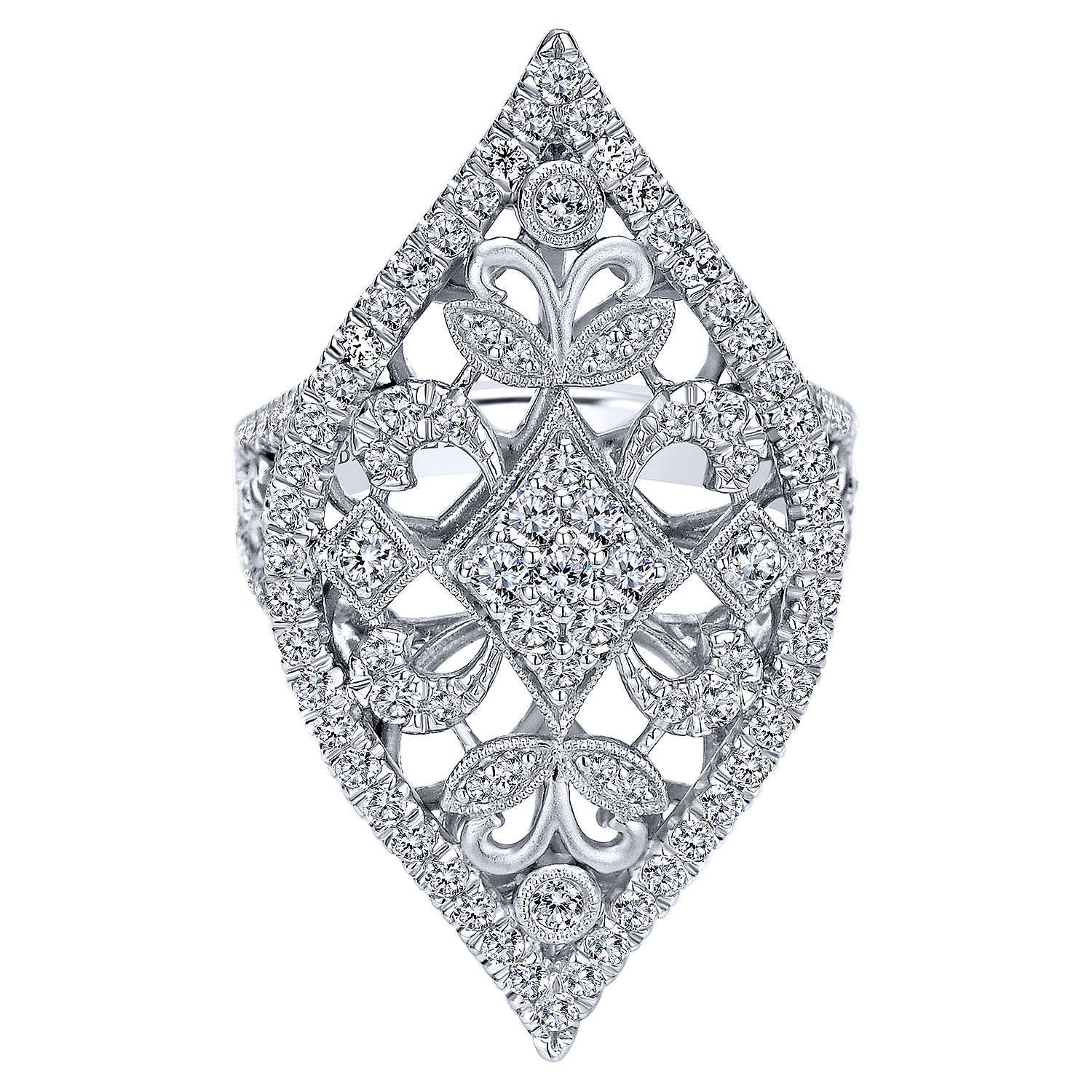 18K White Gold Pointed Oval Openwork Diamond Statement Ring