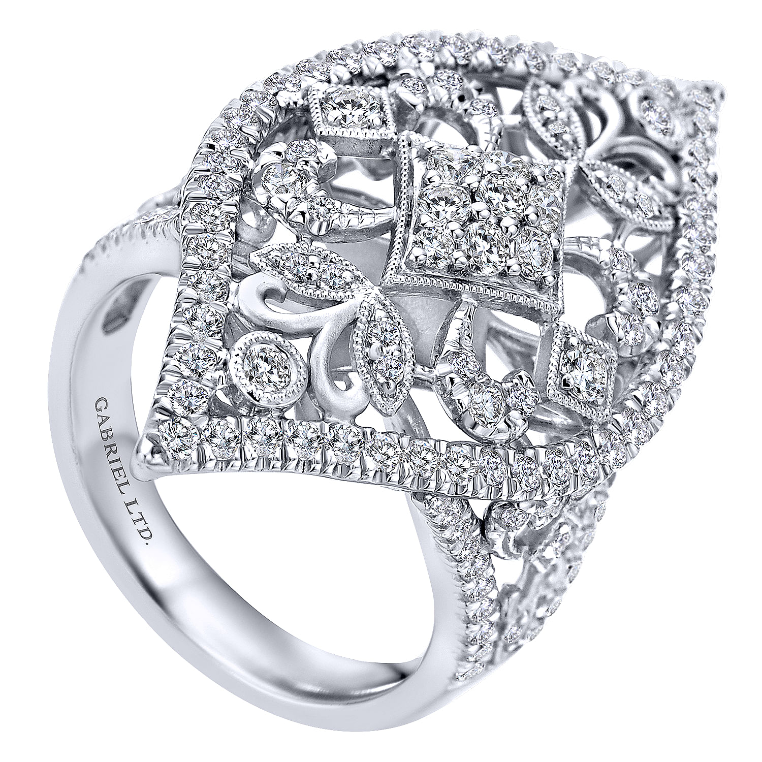18K White Gold Pointed Oval Openwork Diamond Statement Ring