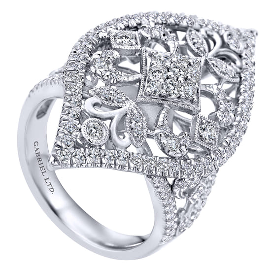 18K White Gold Pointed Oval Openwork Diamond Statement Ring angle 3