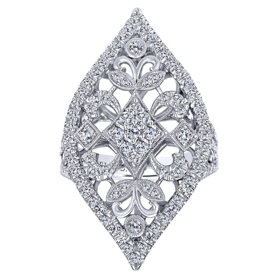 18K White Gold Pointed Oval Openwork Diamond Statement Ring angle 4