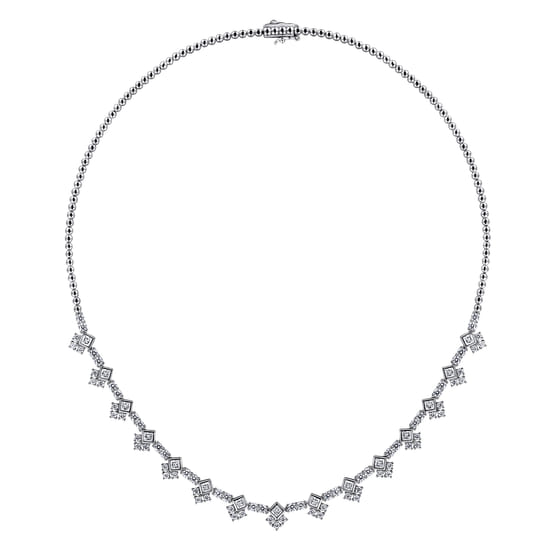 18K White Gold Princess and Round Diamond Necklace angle 2 18K White Gold Princess and Round Diamond Necklace angle 2