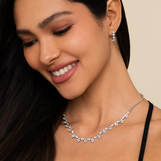 18K White Gold Princess and Round Diamond Necklace angle 4 18K White Gold Princess and Round Diamond Necklace angle 4