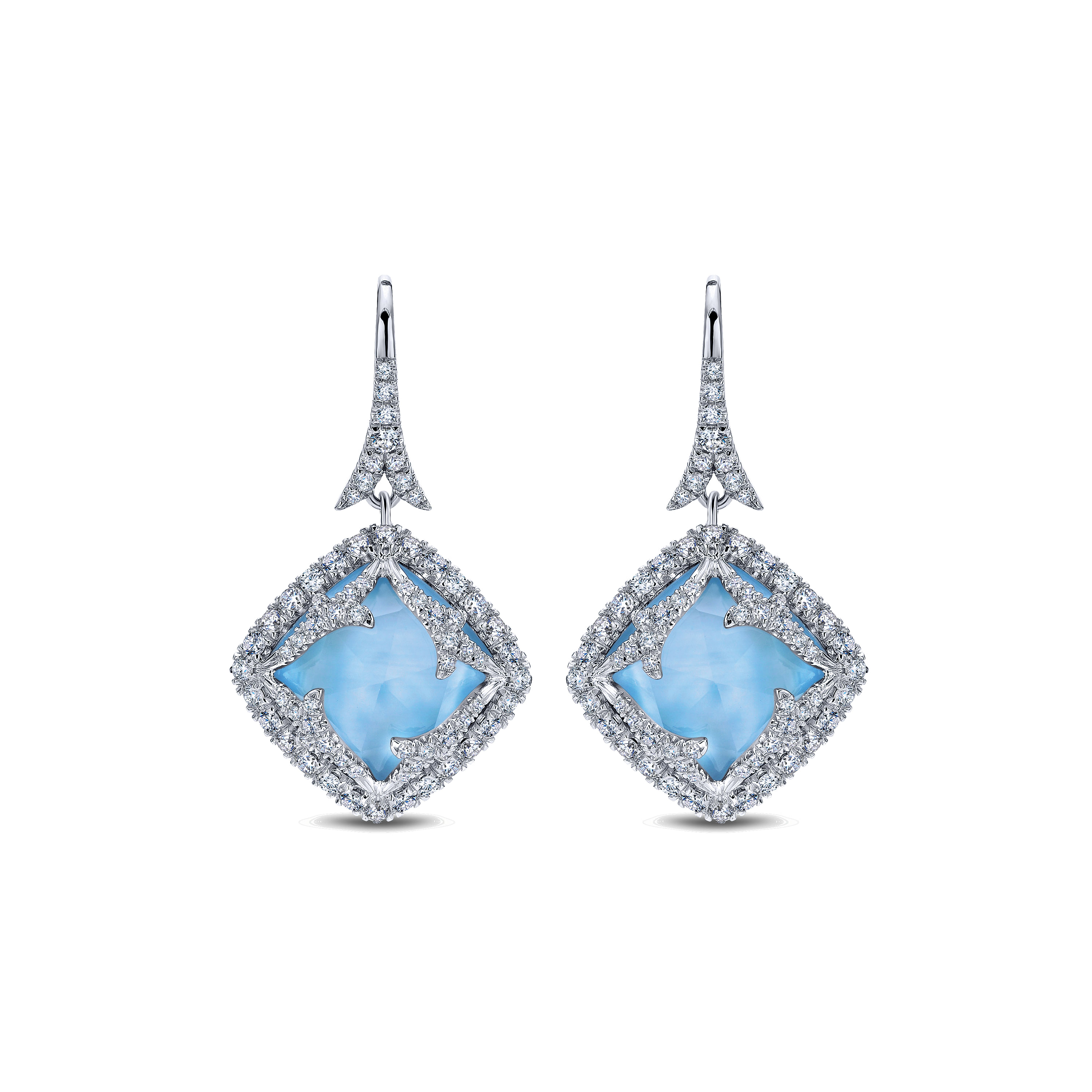 18K White Gold Rock Crystal/MOP/Turquoise Drop Earrings with Diamonds