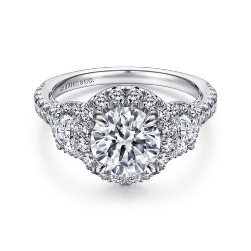 18K White Gold Round Three Stone Halo Diamond Channel Set Engagement Ring