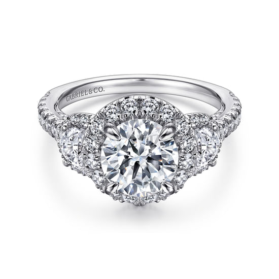 Gabriel - 18K White Gold Round Three Stone Halo Diamond Channel Set Engagement Ring