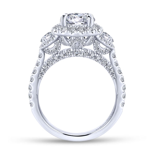 18K White Gold Round Three Stone Halo Diamond Channel Set Engagement Ring