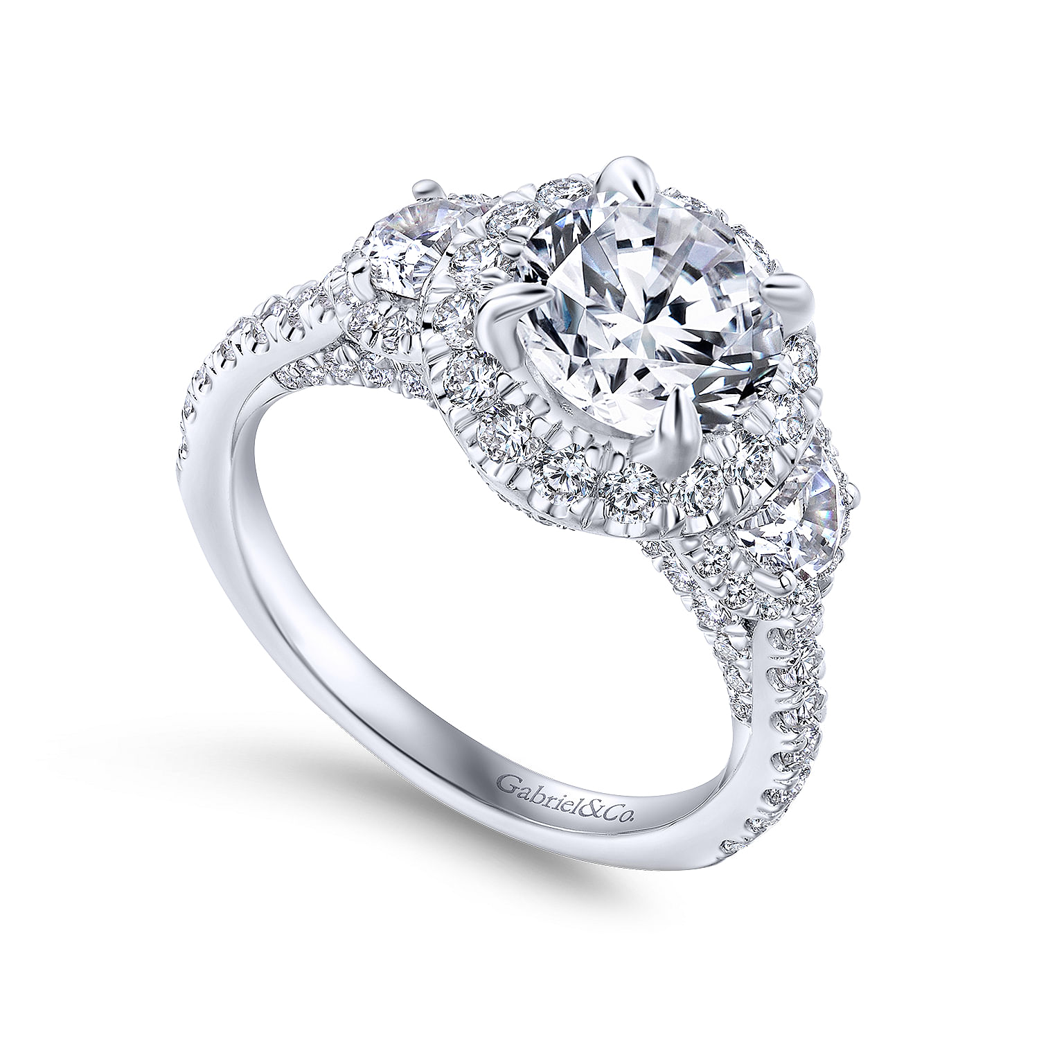 18K White Gold Round Three Stone Halo Diamond Channel Set Engagement Ring