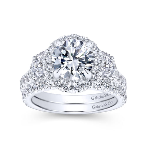 18K White Gold Round Three Stone Halo Diamond Channel Set Engagement Ring