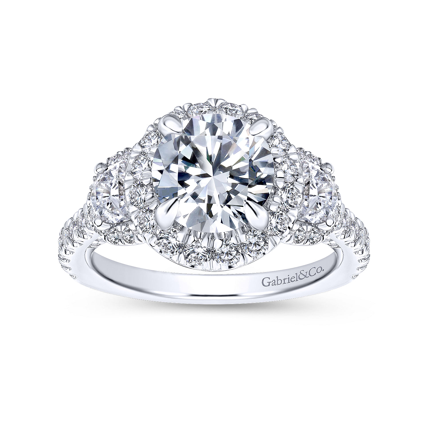 18K White Gold Round Three Stone Halo Diamond Channel Set Engagement Ring