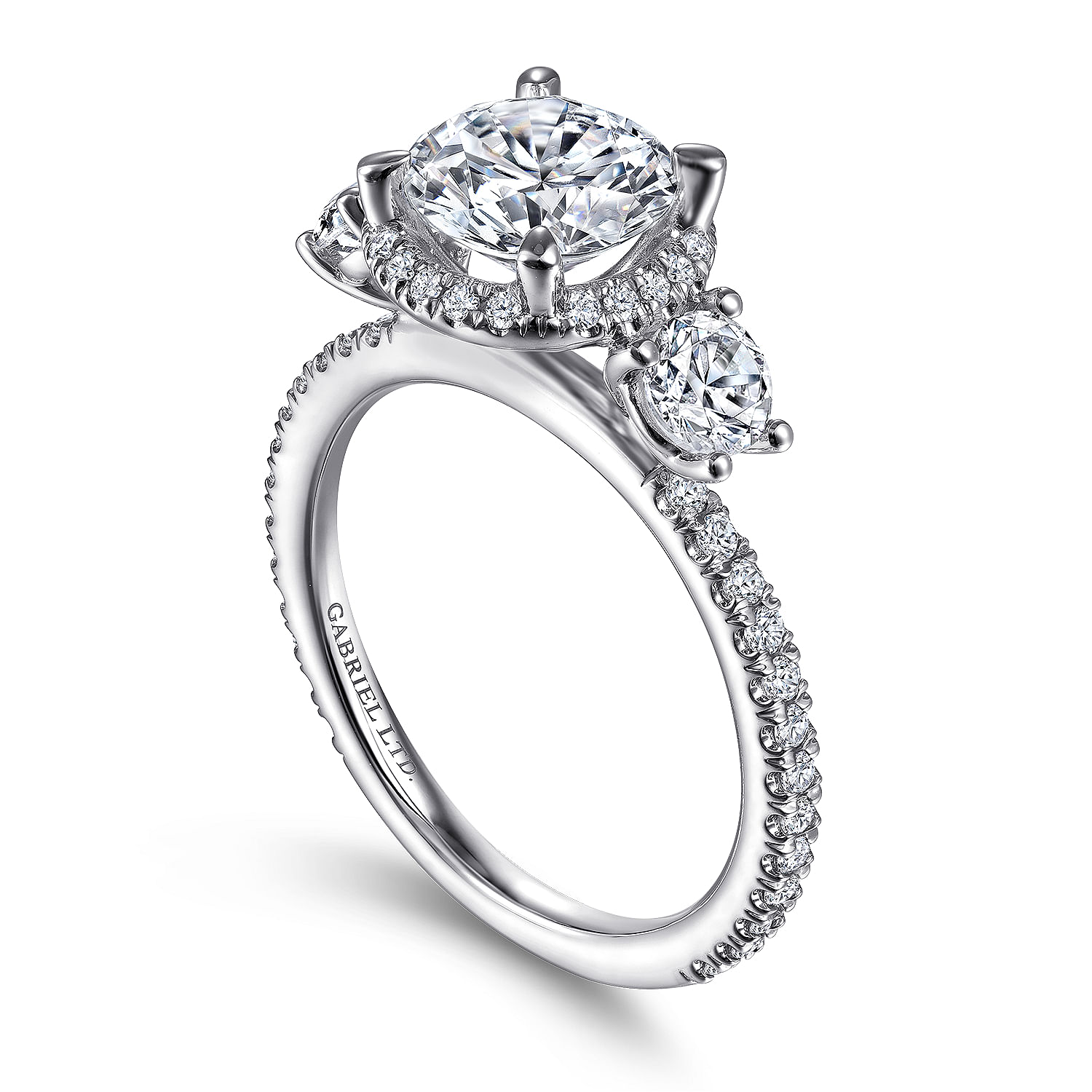 18K White Gold Round Three Stone Halo Diamond Engagement Ring