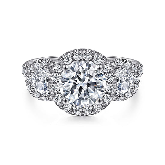 Gabriel - 18K White Gold Round Three Stone Halo Diamond Engagement Ring