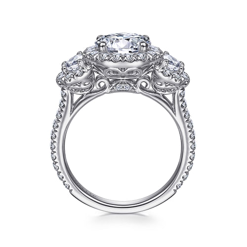 18K White Gold Round Three Stone Halo Diamond Engagement Ring