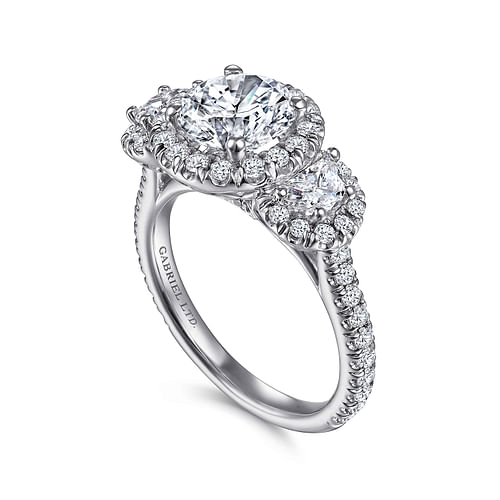 18K White Gold Round Three Stone Halo Diamond Engagement Ring