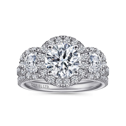18K White Gold Round Three Stone Halo Diamond Engagement Ring