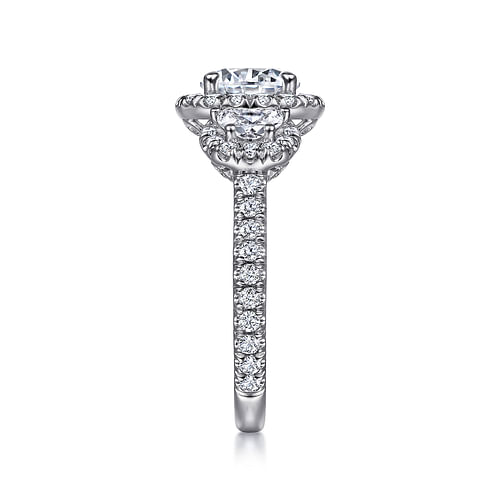 18K White Gold Round Three Stone Halo Diamond Engagement Ring