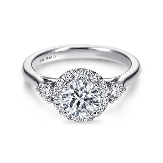 Gabriel - 18K White Gold Round Three Stone Halo Diamond Engagement Ring