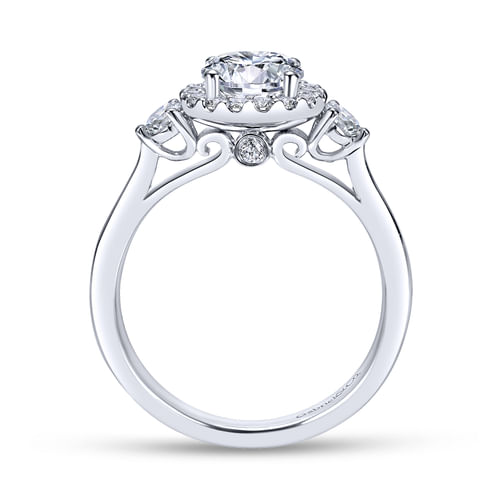 18K White Gold Round Three Stone Halo Diamond Engagement Ring