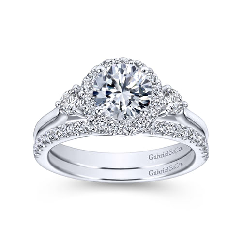 18K White Gold Round Three Stone Halo Diamond Engagement Ring