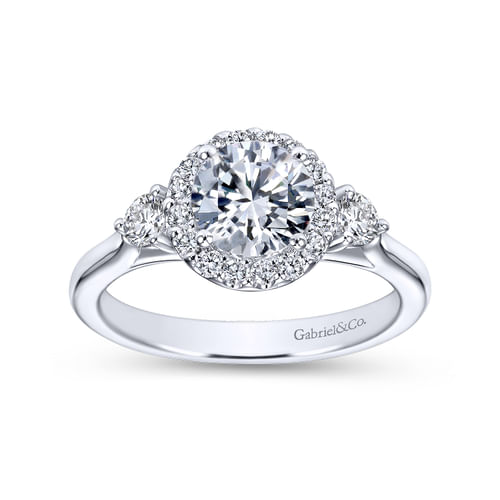 18K White Gold Round Three Stone Halo Diamond Engagement Ring