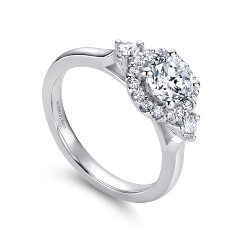 18K White Gold Round Three Stone Halo Diamond Engagement Ring