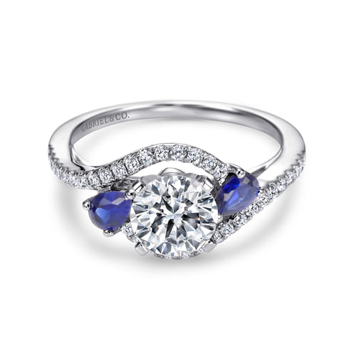 18K White Gold Round Three Stone Sapphire and Diamond Engagement Ring