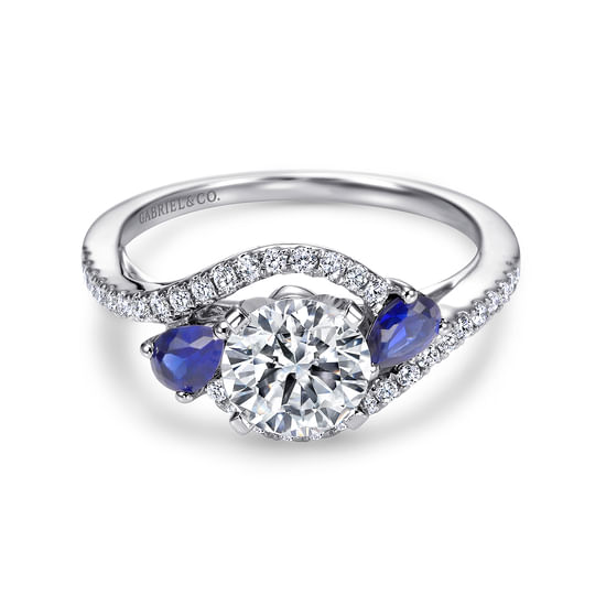 Gabriel - 18K White Gold Round Three Stone Sapphire and Diamond Engagement Ring
