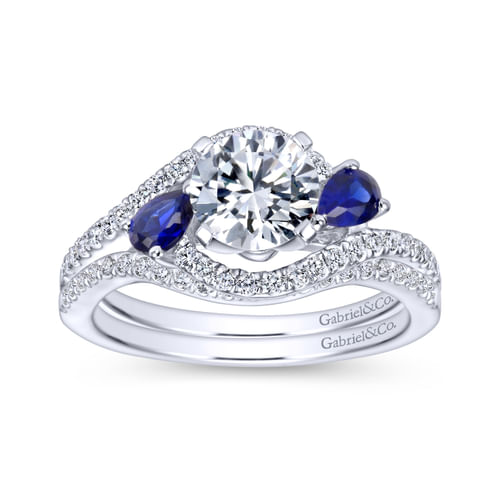 18K White Gold Round Three Stone Sapphire and Diamond Engagement Ring