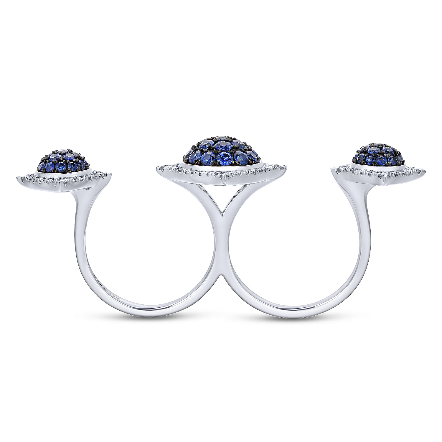 18K White Gold Sapphire Cluster Double Finger Ring with Diamond Halos