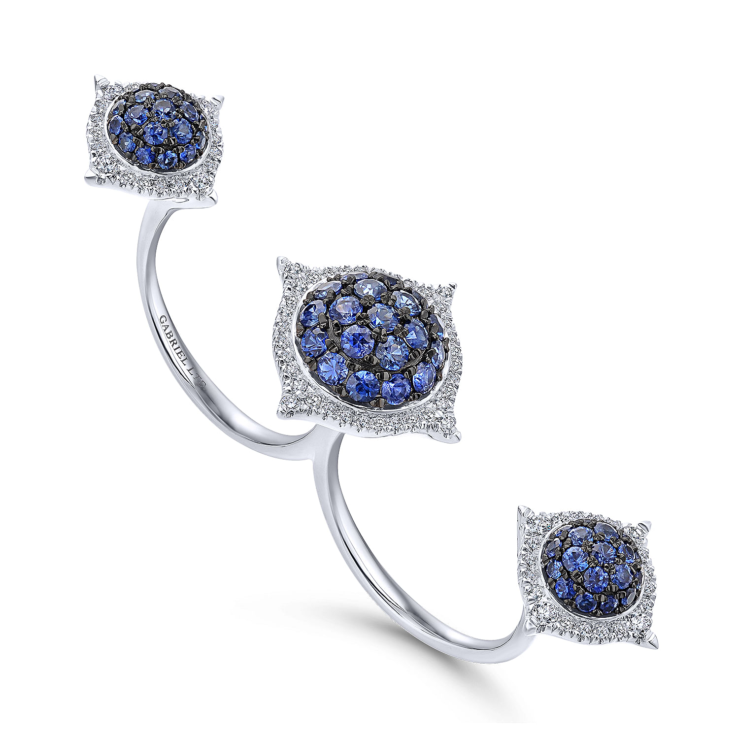 18K White Gold Sapphire Cluster Double Finger Ring with Diamond Halos