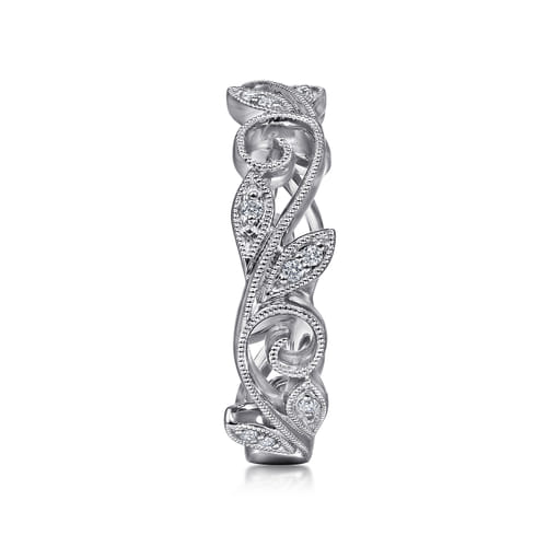 18K White Gold Scrolling Floral Diamond Stackable Ring