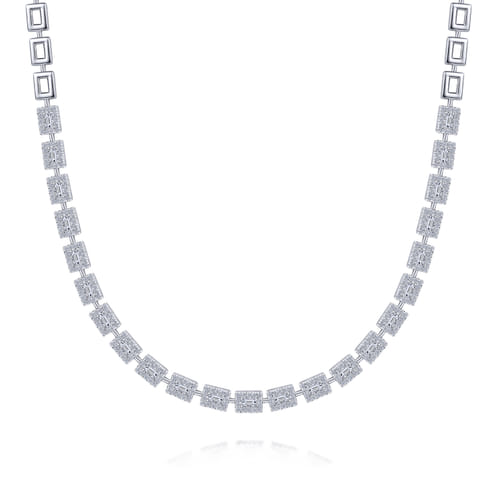 18K White Gold Station Necklace with Diamond Halo Baguettes 18K White Gold Station Necklace with Diamond Halo Baguettes