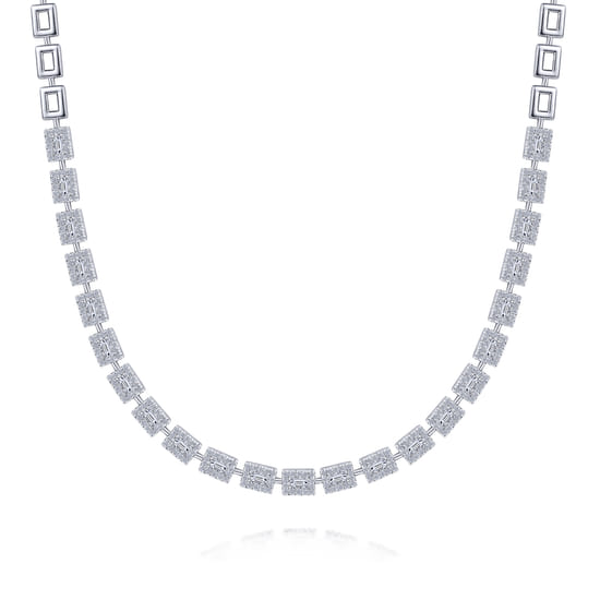 18K White Gold Station Necklace with Diamond Halo Baguettes 18K White Gold Station Necklace with Diamond Halo Baguettes