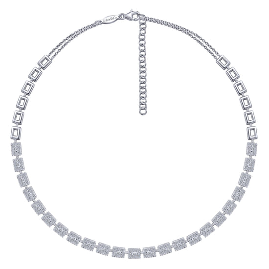 18K White Gold Station Necklace with Diamond Halo Baguettes angle 2 18K White Gold Station Necklace with Diamond Halo Baguettes angle 2