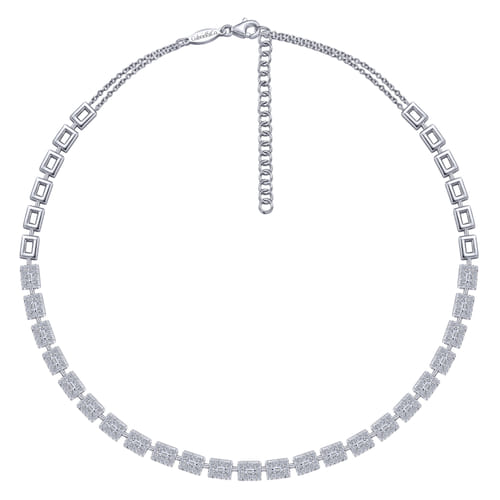 18K White Gold Station Necklace with Diamond Halo Baguettes 18K White Gold Station Necklace with Diamond Halo Baguettes