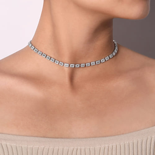 18K White Gold Station Necklace with Diamond Halo Baguettes 18K White Gold Station Necklace with Diamond Halo Baguettes