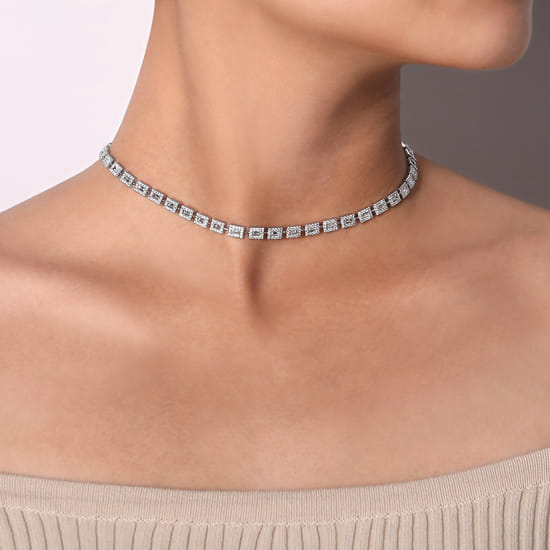 18K White Gold Station Necklace with Diamond Halo Baguettes angle 3 18K White Gold Station Necklace with Diamond Halo Baguettes angle 3