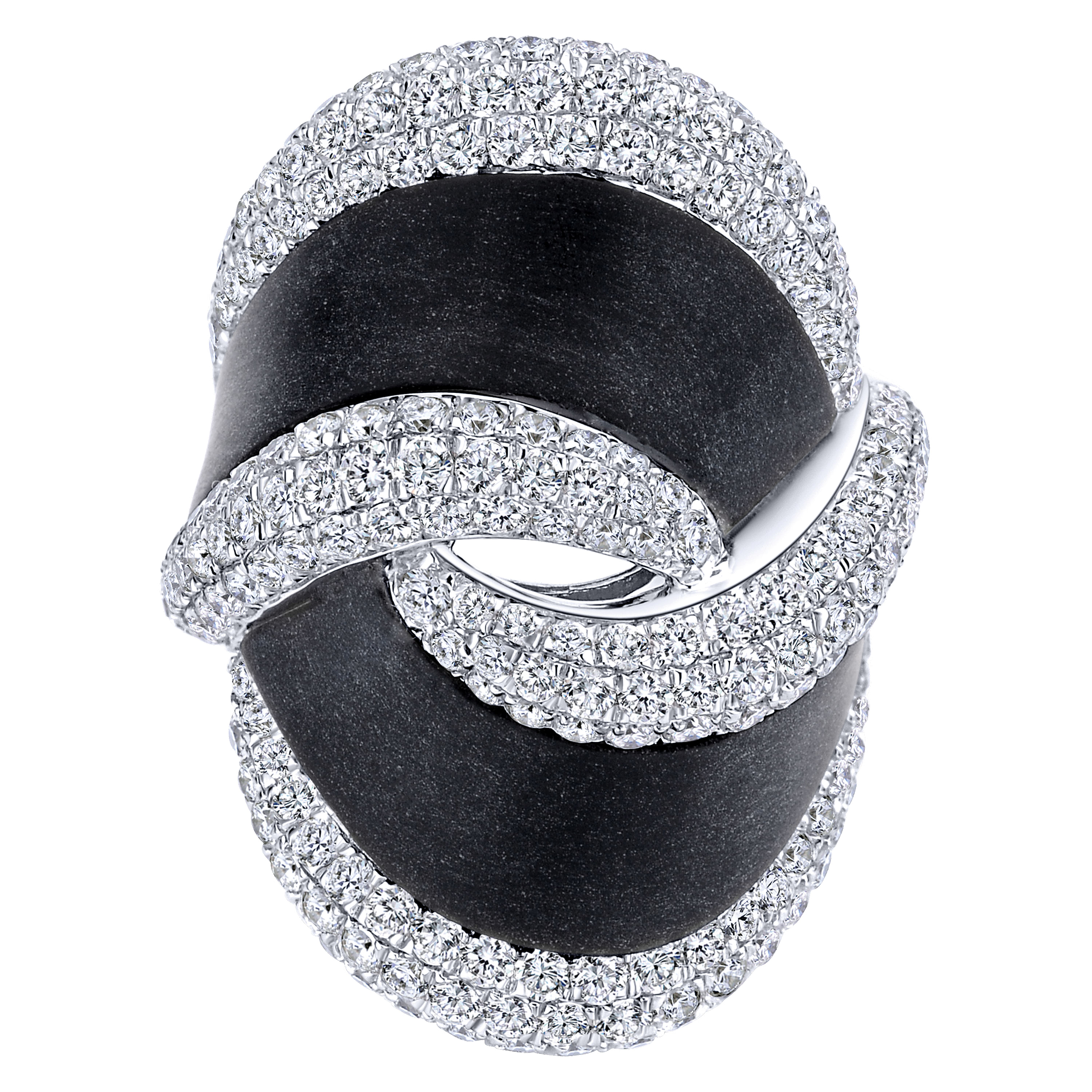 18K White Gold Swirling Black Agate and Diamond Statement Ring