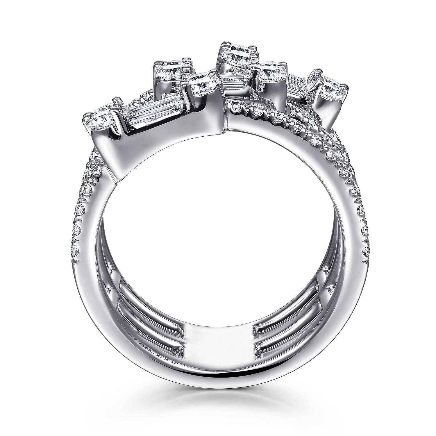 18K White Gold Three Row Baguette and Round Diamond Station Ring