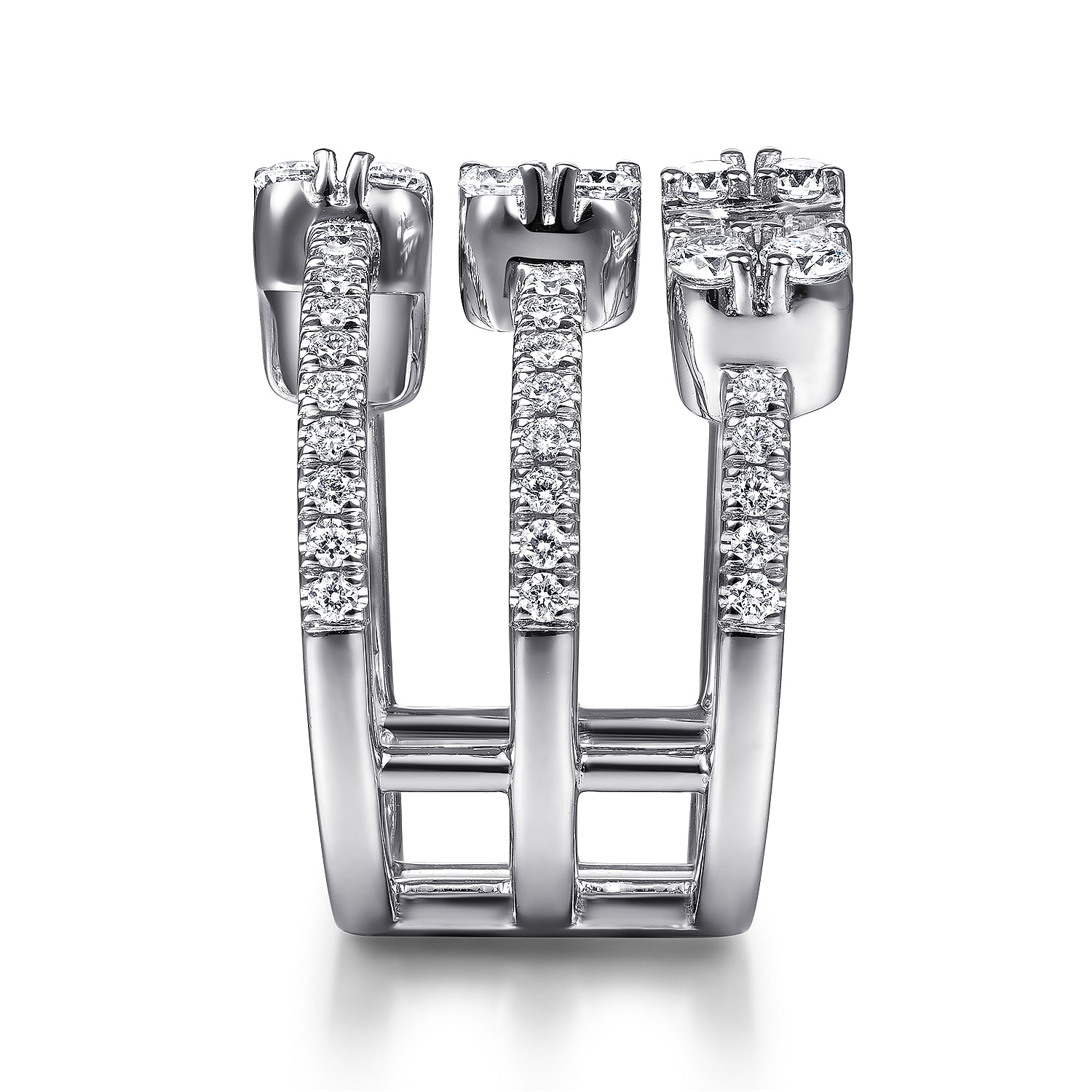 18K White Gold Three Row Baguette and Round Diamond Station Ring