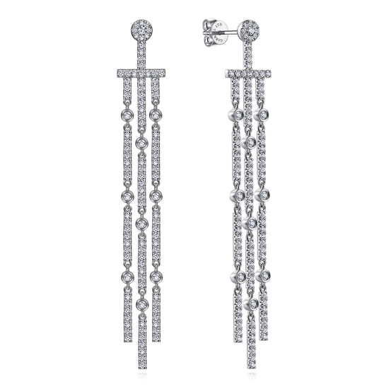 18K White Gold Three Row Linear Drop Diamond Stud Earrings