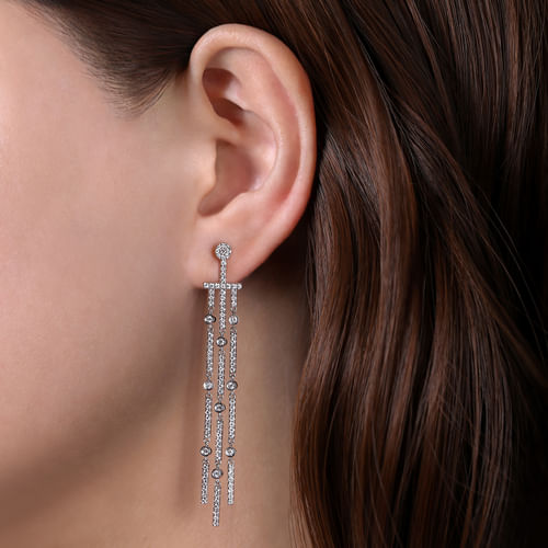 18K White Gold Three Row Linear Drop Diamond Stud Earrings