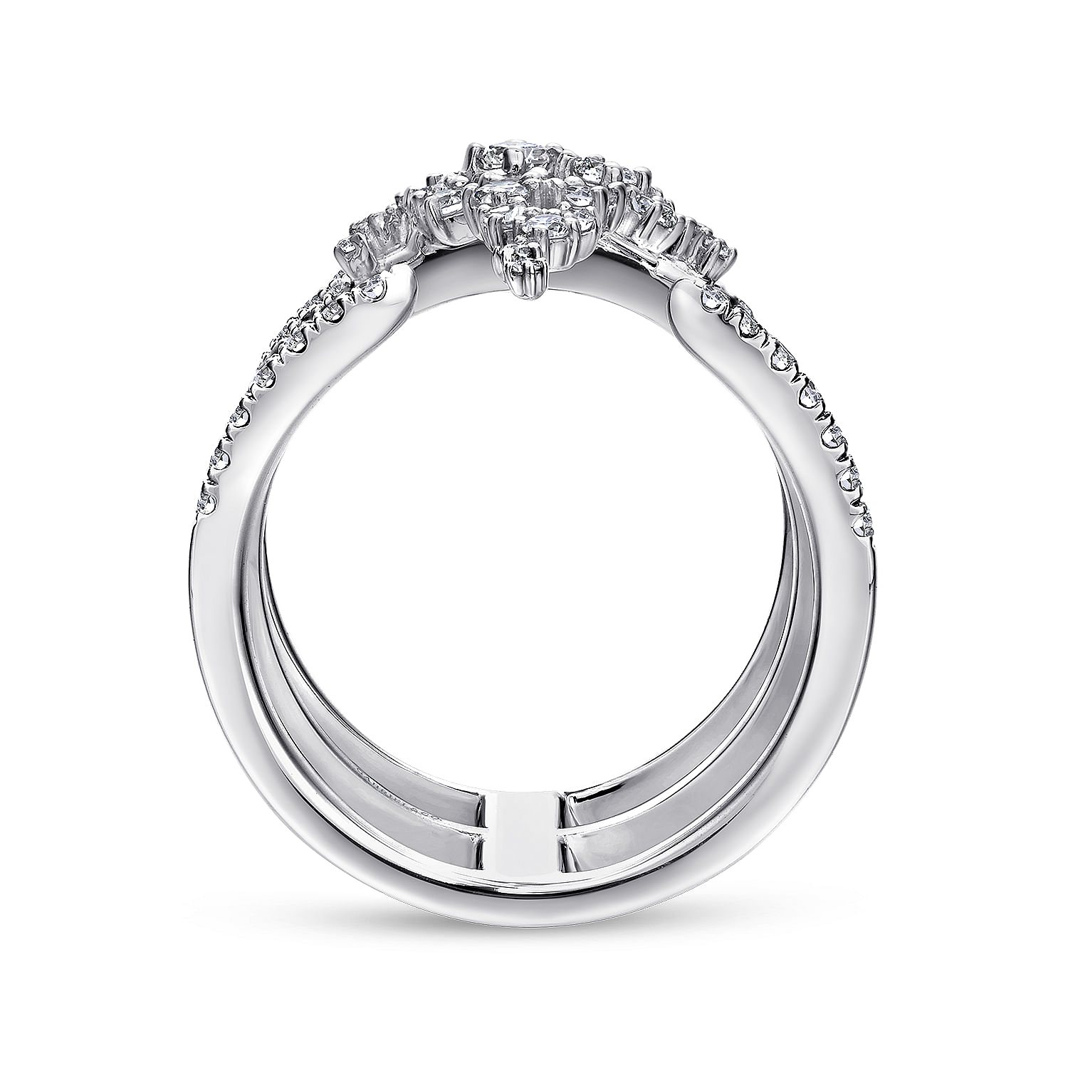 18K White Gold Three Row Open Ring with Pavé Diamond Cluster Center